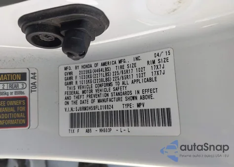2015 Honda Cr-V Ex from USA, damaged, VIN 5J6RM3H59FL016924